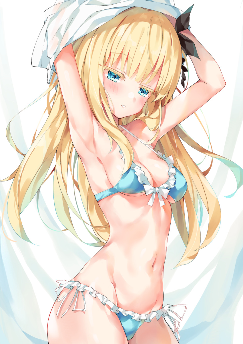 armpits arms_up bare_shoulders bikini blonde_hair blue_bikini blue_eyes breasts cleavage collarbone commentary_request female frilled_bikini frills front-tie_bikini_top front-tie_top groin highres juliet_persia kishuku_gakkou_no_juliet long_hair looking_at_viewer medium_breasts navel parted_lips revision side-tie_bikini_bottom solo swimsuit unacchi_(nyusankin) undressing