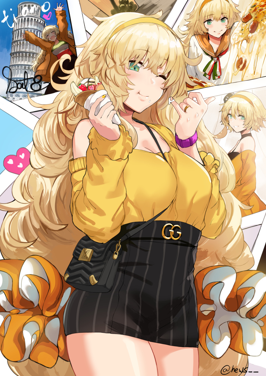 :d ;) absurdres arms_up bag black_skirt blonde_hair bubble_tea crepe cup disposable_cup eating female food girls'_frontline green_eyes hairband handbag hews highres holding holding_food jacket leaning_tower_of_pisa long_hair multiple_views one_eye_closed open_mouth orange_hairband orange_jacket paid_reward patreon_reward pencil_skirt pizza s.a.t.8_(girls'_frontline) skirt smile striped_clothes striped_skirt very_long_hair yellow_hairband