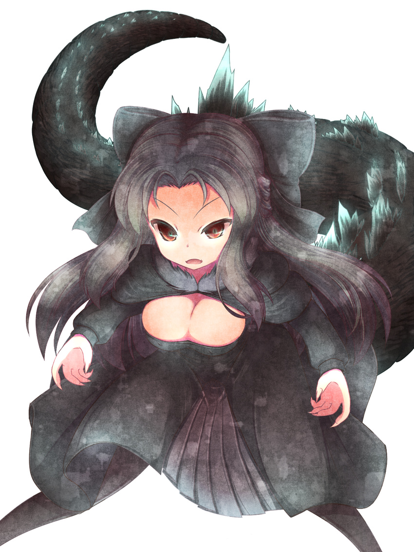 alternate_breast_size black_hair black_pantyhose bow breasts cleavage commentary_request dragon_girl dragon_tail female fingernails from_above fusion godzilla godzilla_(series) gojiren hairbow half_updo highres large_bow large_breasts len_(tsukihime) long_hair m.u.g.e.n monster_girl nightmare_cat open_mouth pantyhose red_eyes sharp_fingernails slit_pupils solo tail tsukihime