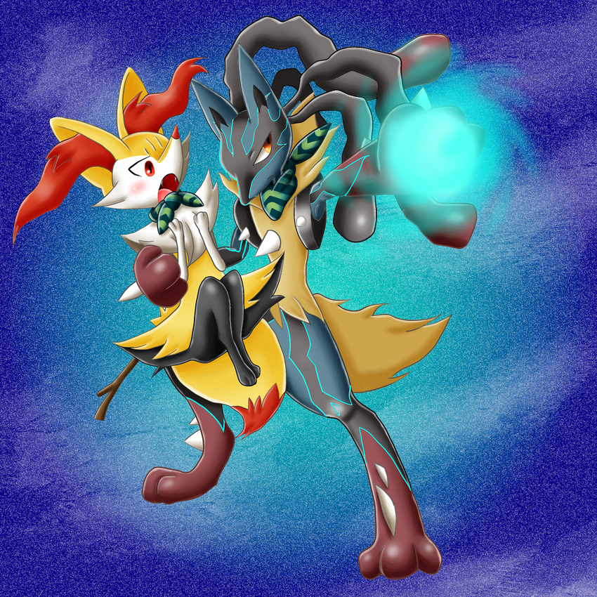 1:1 akatonbo ambiguous_gender anthro black_body black_fur blue_background blue_body blue_fur braixen canid canine duo fur generation_6_pokemon glowing hi_res mammal mega_evolution mega_lucario nintendo one_handed_carry pokemon pokemon_(species) simple_background spikes yellow_body yellow_fur