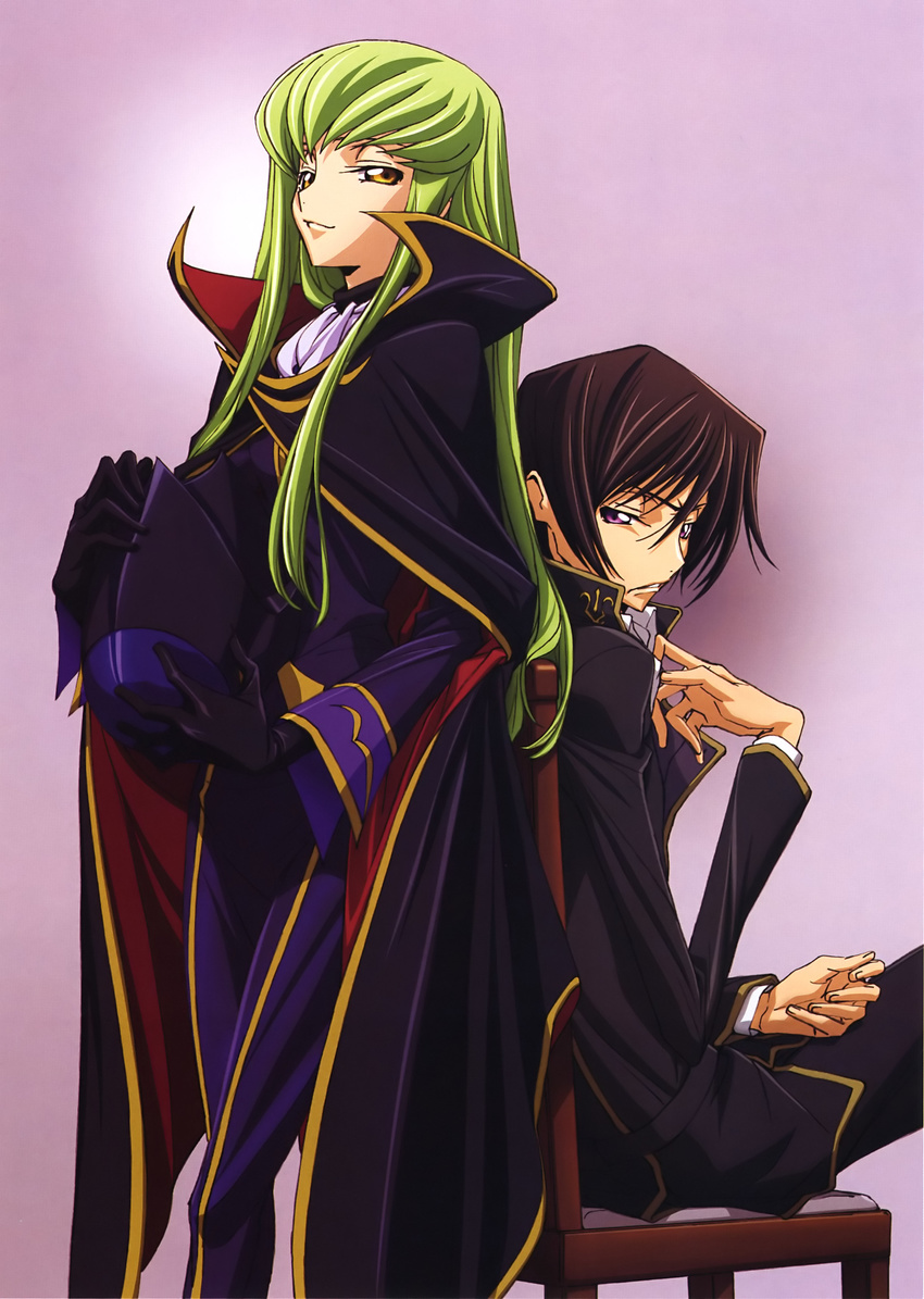 1boy absurdres ashford_academy_school_uniform black_hair brown_hair c.c. cape chiba_yuriko code_geass cosplay female frown green_hair helmet highres lelouch_vi_britannia long_hair purple_eyes scan school_uniform short_hair sitting smirk uniform yellow_eyes zero_(code_geass) zero_(code_geass)_(cosplay)