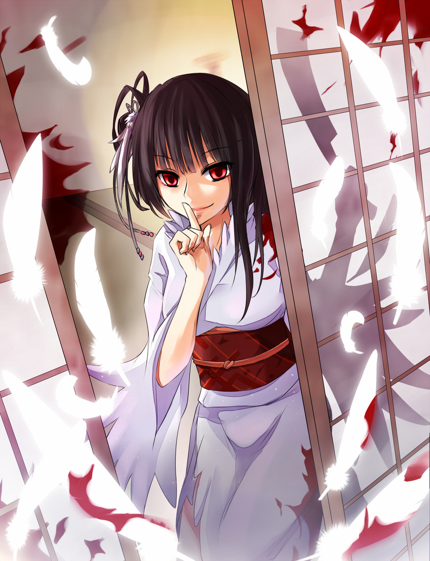 bird black_hair blood commentary_request crane_(animal) dutch_angle empty_eyes feathers female finger_to_mouth hair_ornament highres japanese_clothes kimono kneeling knife light_smile lips long_hair looking_at_viewer nata_(tool) original personification princess_royale red_eyes shiroi_neko_(okenoris) sliding_doors solo tatami tsuru_no_ongaeshi white_kimono