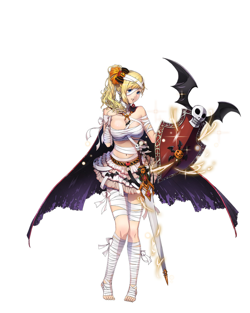 bandaged_head bandages bat_(animal) bat_wings blonde_hair blue_eyes bow cape elise_(royal_flush_heroes) female full_body hairbow halloween highres holding holding_weapon jack-o'-lantern long_hair looking_at_viewer miemia navel official_art parted_lips royal_flush_heroes shield side_ponytail skirt skull solo sword toes transparent_background weapon wings