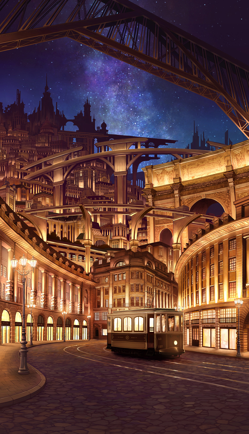 arch building city_lights cityscape commentary highres lamppost milky_way night night_sky no_humans original outdoors pavement photoshop_(medium) road scenery sky star_(sky) starry_sky street streetcar tower yumemizuki