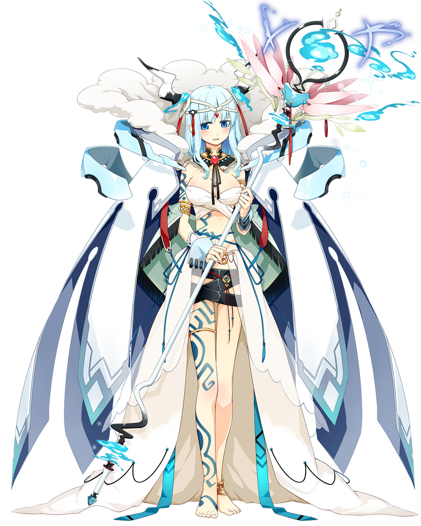 anklet barefoot blue_eyes blue_hair blush breasts character_request cleavage female full-body_tattoo full_body highres jewelry light_blue_hair long_hair medium_breasts miemia official_art royal_flush_heroes solo staff tattoo thigh_strap transparent_background