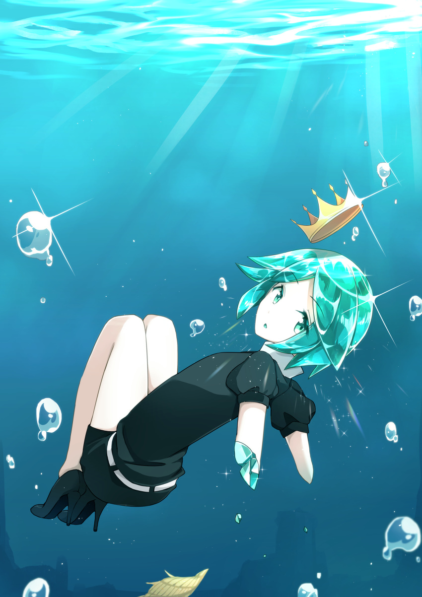 1other :o absurdres air_bubble amputee aqua_eyes aqua_hair black_footwear bubble colored_skin commentary_request crown double_amputee full_body gem_uniform_(houseki_no_kuni) high_heels highres houseki_no_kuni legs_together light_rays looking_at_viewer misora_deco other_focus phosphophyllite puffy_short_sleeves puffy_sleeves short_hair short_sleeves shorts solo sparkle triangle_mouth underwater white_skin