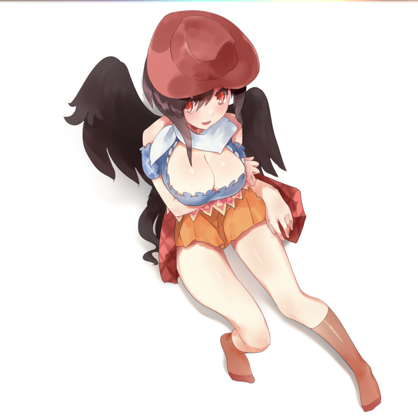 black_hair black_wings breasts cowboy_hat fairyfloss female hat highres horse_girl horse_tail kurokoma_saki large_breasts legs simple_background solo tail touhou white_background wily_beast_and_weakest_creature wings