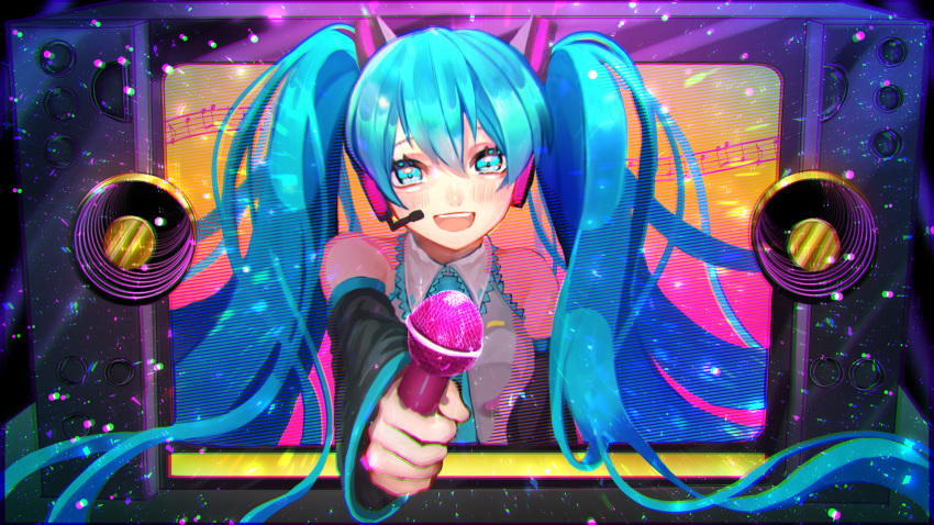 blue_hair clenched_hand commentary crying crying_with_eyes_open female giving hatsune_miku headphones highres holding holding_microphone kakitsubata_anko long_hair looking_at_viewer microphone open_mouth outstretched_arm smile tears television through_medium through_screen twintails vocaloid