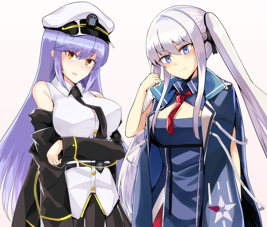 2girls alternate_hairstyle azur_lane black_coat black_necktie blue_eyes blue_hair blush breasts brown_eyes cleavage cleavage_cutout clothing_cutout coat commentary_request cosplay costume_switch enterprise_(azur_lane) enterprise_(azur_lane)_(cosplay) essex_(azur_lane) essex_(azur_lane)_(cosplay) hair_between_eyes hairstyle_switch hat hi-lin. large_breasts long_hair long_sleeves looking_at_viewer multiple_girls necktie off_shoulder peaked_cap red_necktie sleeveless white_hair