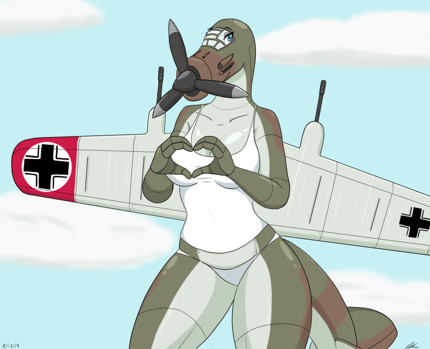 aircraft big_breasts blue_eyes breasts clothing cloud female germany gesture gun hand_heart heart_symbol hi_res jeffthehusky living_aircraft living_machine living_vehicle machine not_furry oppai_heart panties pose propeller ranged_weapon shirt sky smile solo tank_top thick_thighs topwear underwear vehicle weapon wings