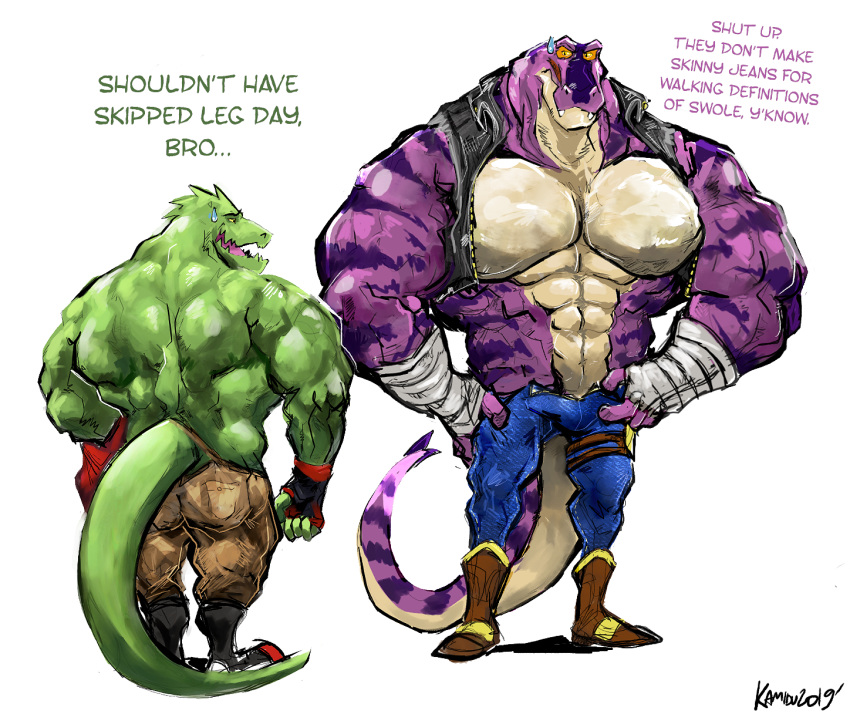 aokamidu big_muscles bodily_fluids boots bottomwear clothed clothing cowboy_boots dialogue duo english_text fingerless_gloves footwear furgonomics gloves green_body green_scales green_skin hand_wraps handwear hi_res huge_muscles hyper hyper_muscles jacket lizard male masters_of_the_universe mattel muscular netflix open_clothing open_jacket open_shirt open_topwear pants purple_body purple_scales purple_skin reptile rogelio_(she-ra) scales scalie she-ra_(copyright) she-ra_and_the_princesses_of_power shirt snake snakeman stripes sweat sweatdrop text topwear tung_lashor unzipped unzipped_pants wraps zipper