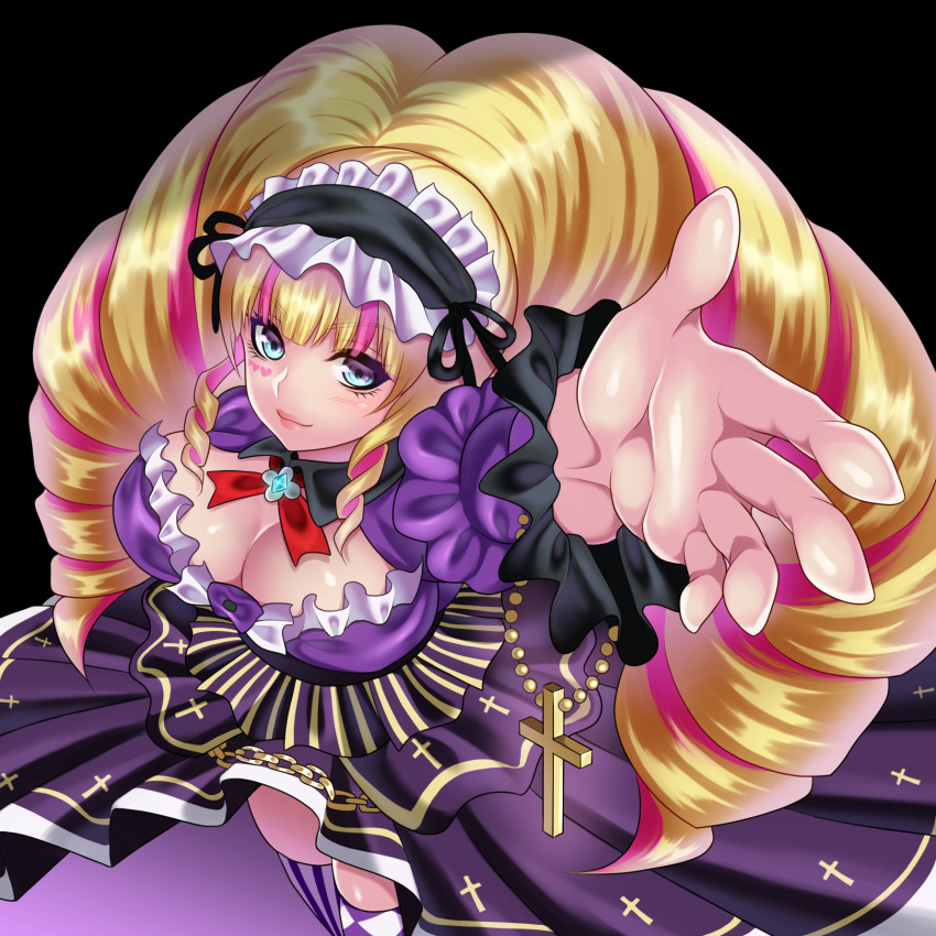 bad_id bad_pixiv_id black_background blonde_hair blue_eyes blunt_bangs blush breasts cleavage commentary deep_web_underground dress drill_hair female hairband highres huge_breasts lolita_hairband long_hair long_sleeves looking_at_viewer outstretched_arm puffy_sleeves shinsougumi simple_background smile solo sushi_no_kokoro twin_drills very_long_hair virtual_youtuber