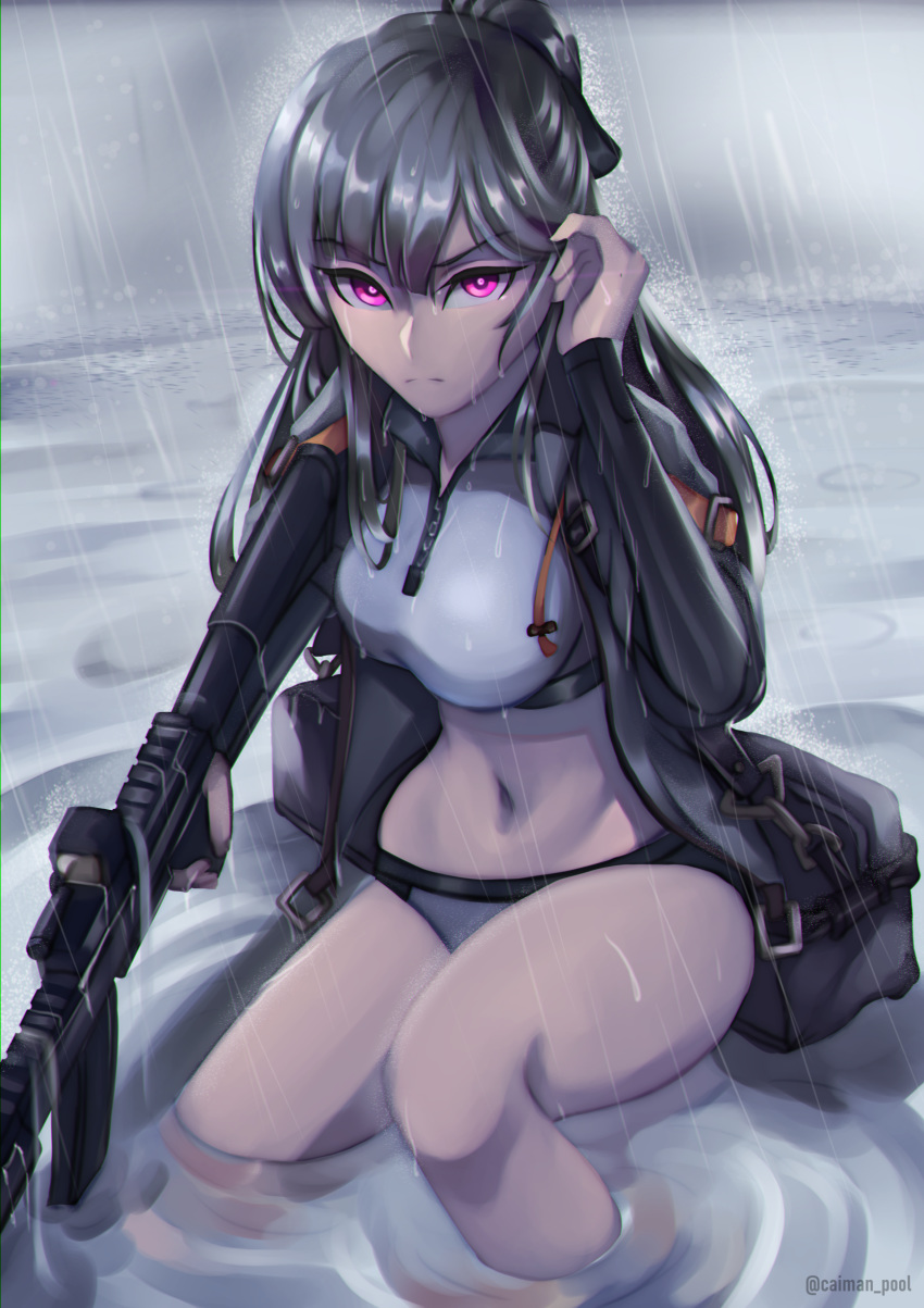 absurdres ak-12_(age_of_slushies)_(girls'_frontline) ak-12_(girls'_frontline) angry bikini black_ribbon braid caiman_pool check_commentary closed_mouth commentary_request female girls'_frontline grey_hair gun highres holding holding_gun holding_weapon jacket long_hair looking_at_viewer navel official_alternate_costume ribbon rifle sidelocks silver_bikini swimsuit unusually_open_eyes very_long_hair weapon