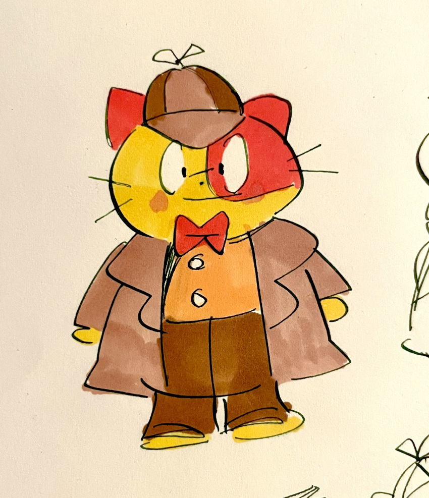 2021 anthro biped bottomwear bow_tie chana_kim clothing detective_button domestic_cat felid feline felis fur hat headgear headwear hi_res mammal multicolored_body multicolored_fur overweight pants shirt simple_background solo topwear two_tone_body two_tone_fur