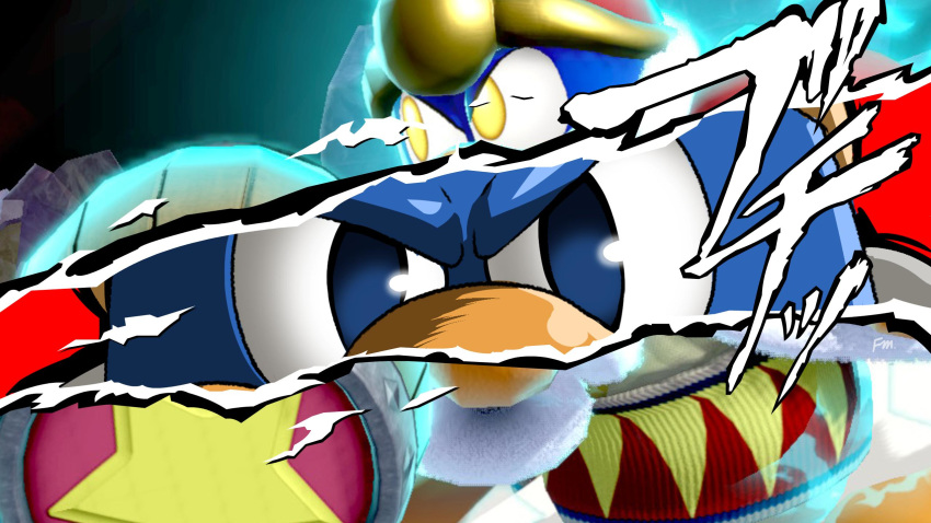 16:9 2019 angry anthro atlus avian beak bird blue_eyes close-up clothed clothing crossover glowing glowing_eyes hammer hat headgear headwear hi_res japanese_text king king_dedede kirby_(series) looking_at_viewer looking_away male mediamaster_127 megami_tensei megami_tensei_persona nintendo overweight penguin red_background royalty sega simple_background super_smash_bros. super_smash_bros._ultimate text tools widescreen yellow_eyes