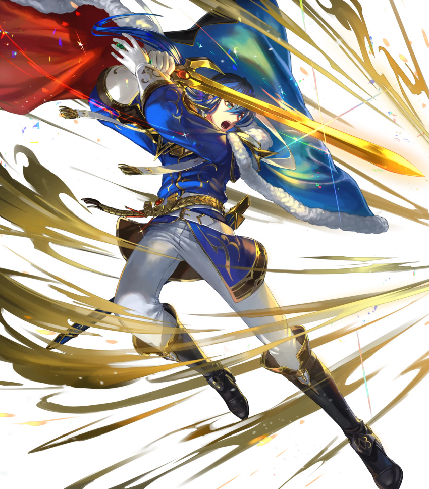 1boy belt blue_eyes blue_hair boots cape egawa_akira fire_emblem fire_emblem:_genealogy_of_the_holy_war fire_emblem_heroes full_body fur_trim gloves headband highres long_hair low_ponytail male_focus non-web_source official_art open_mouth ponytail seliph_(fire_emblem) seliph_(scion_of_light)_(fire_emblem) solo sparkle sword teeth transparent_background tyrfing_(fire_emblem) weapon