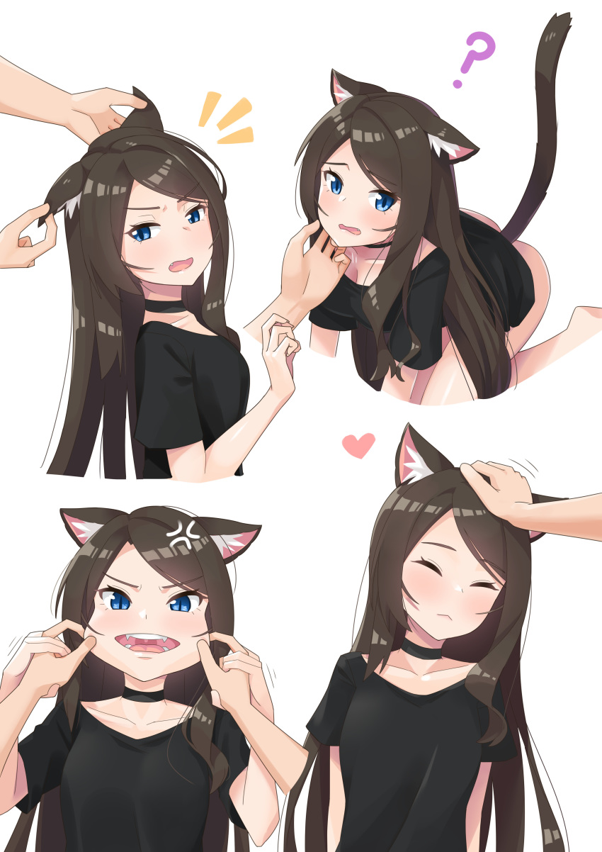 ? absurdres aina_(mao_lian) all_fours anger_vein animal_ear_fluff animal_ears barefoot black_choker black_hair blue_eyes blush bottomless cat_ears cat_tail cheek_pinching choker closed_eyes collarbone commentary_request ear_fondling female hand_on_another's_chin headpat heart highres long_hair mao_lian_(nekokao) multiple_views oerba_yun_fang open_mouth original pinching playing_with_another's_ears profile shirt slit_pupils solo_focus stroking_another's_chin t-shirt tail white_background