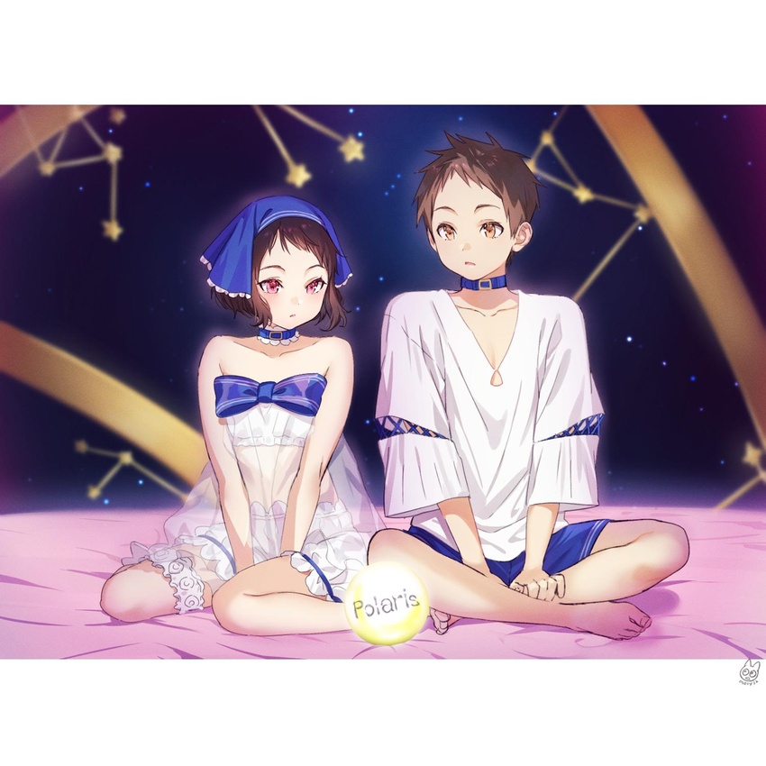 1boy artist_logo bare_arms bare_legs bare_shoulders barefoot between_legs bloomers blue_bow blue_shorts blurry blurry_background bow bridal_garter brown_eyes brown_hair collar collarbone commentary crop_top depth_of_field female fukube_satoshi highres hyouka ibara_mayaka indian_style letterboxed long_sleeves looking_at_viewer madoromi_no_yakusoku mery_(yangmalgage) midriff pink_eyes see-through shadow shirt short_hair short_shorts shorts sitting star_(symbol) symbol-only_commentary underwear watermark white_shirt