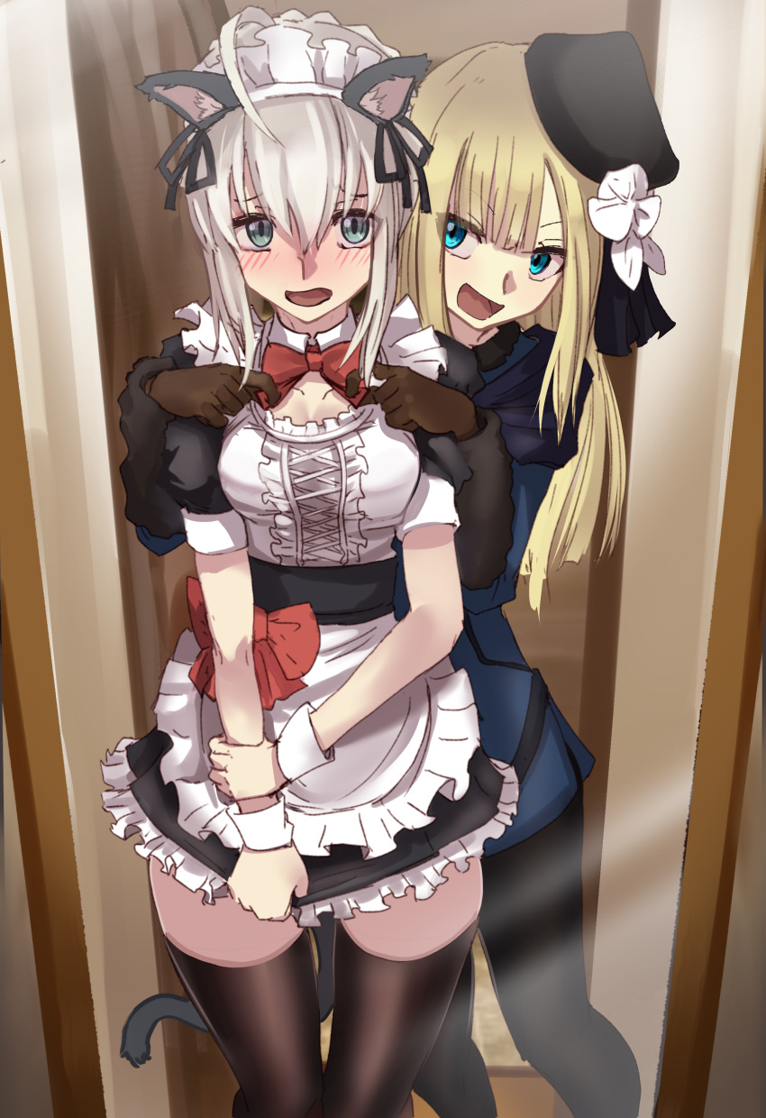 2girls absurdres ahoge alternate_costume animal_ears apron black_dress black_headwear black_pantyhose black_thighhighs blonde_hair blue_eyes blush bow bowtie brown_gloves cat_ears cat_tail commentary_request dress enmaided fake_animal_ears fate/grand_order fate_(series) gloves gray_(fate) green_eyes grey_hair hair_between_eyes hat highres long_hair long_sleeves lord_el-melloi_ii_case_files maid maid_apron maid_headdress mirror multiple_girls nakasaku-p open_mouth pantyhose puffy_short_sleeves puffy_sleeves red_bow reflection reines_el-melloi_archisorte short_sleeves tail thighhighs wrist_cuffs