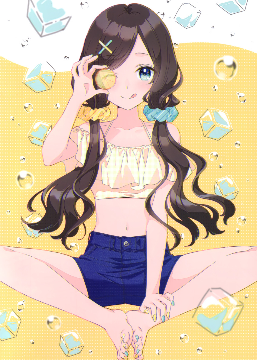 ;q absurdres bare_legs bare_shoulders barefoot blue_eyes blue_nails blue_shorts bubble butterfly_sitting closed_mouth crop_top feet female hair_ornament hair_over_shoulder hair_scrunchie halterneck hand_up highres holding ice ice_cube knees_apart_feet_together long_hair looking_at_viewer low_twintails masuishi_kinoto midriff multicolored_nails nail_polish navel one_eye_closed original scan scrunchie shirt short_shorts shorts sitting smile solo thighs toenail_polish toenails tongue tongue_out twintails x_hair_ornament yellow_nails yellow_shirt