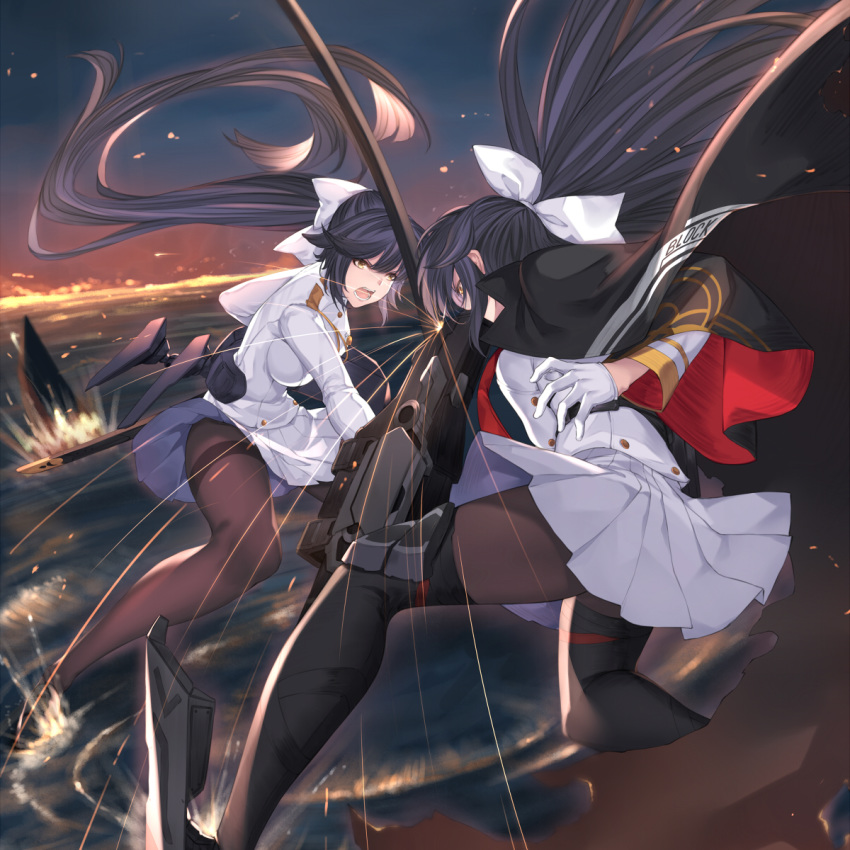 2girls action azur_lane battle black_coat black_hair black_legwear bow breasts brown_eyes clash coat dark_persona duel floating_hair gloves hairbow highres holding holding_sword holding_weapon katana large_breasts long_hair looking_at_another military military_uniform miniskirt multiple_girls open_mouth outdoors pak_ce pantyhose pleated_skirt ponytail rigging rudder_footwear skirt standing sword takao_(azur_lane) takao_(meta)_(azur_lane) uniform very_long_hair weapon white_bow