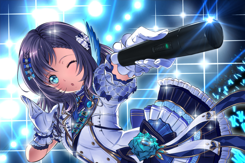 aiba_uiha aiba_uiha_(1st_costume) audience bad_id bad_pixiv_id black_hair blue_bow blue_eyes blue_flower blue_skirt blush bow braid braided_bangs breasts commentary concept_art dress dutch_angle female flower gloves glowstick hairbow highres holding holding_microphone idol_clothes indoors lights lips looking_at_viewer medium_breasts microphone mole mole_under_eye nijisanji one_eye_closed open_mouth outstretched_arm puffy_short_sleeves puffy_sleeves ribbon shirihime short_sleeves skirt upper_body virtual_youtuber white_bow white_dress white_gloves