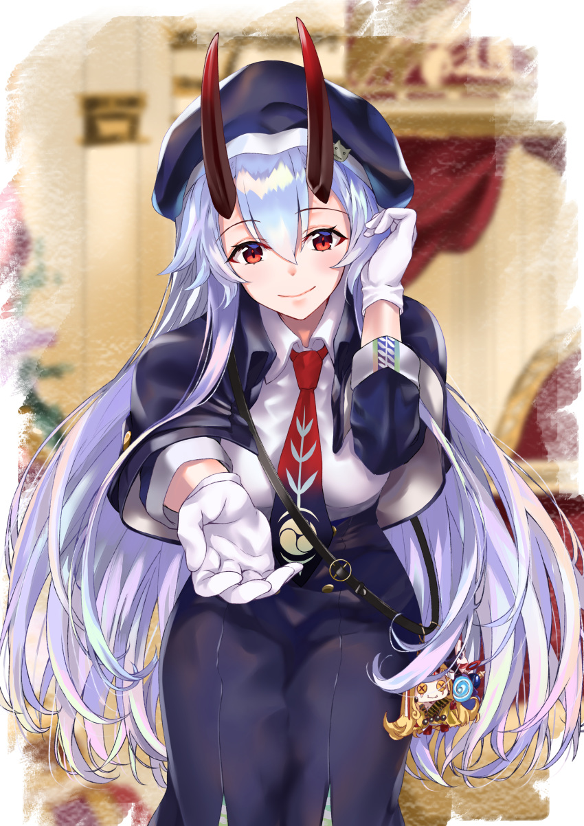 absurdres adjusting_hair beret blush capelet character_doll commentary_request fate/grand_order fate_(series) female gloves grey_hair hair_between_eyes hat highres horns ibaraki_douji_(fate) long_hair long_skirt looking_at_viewer mitsudomoe_(shape) necktie outstretched_hand purple_capelet purple_hat purple_necktie purple_skirt red_eyes red_horns red_necktie shirt shoulder_strap shuten_douji_(fate) skin-covered_horns skirt slit_pupils smile solo tomoe_(symbol) tomoe_gozen_(fate) tomoe_gozen_(festival_outfit)_(fate) two-tone_necktie very_long_hair white_gloves white_shirt yu_sa1126