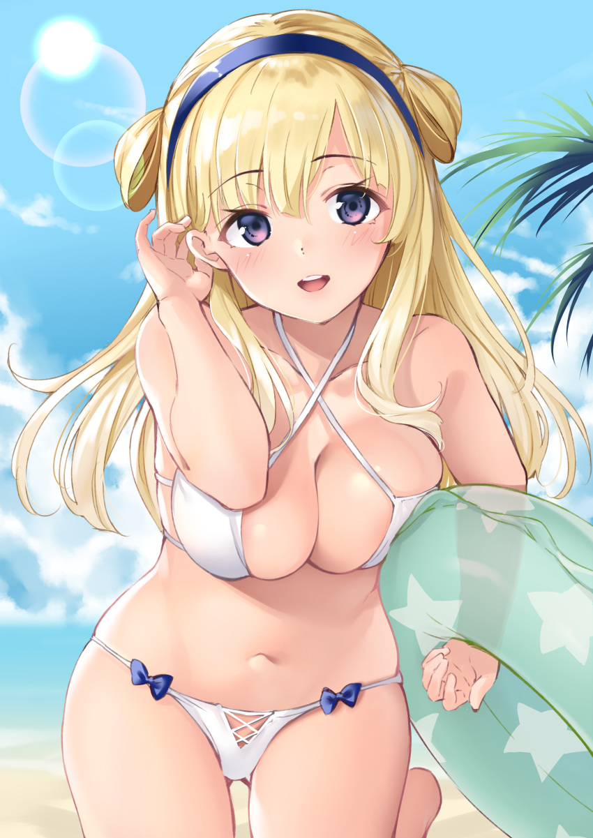 :d absurdres adjusting_hair beach bikini blonde_hair blue_hairband blue_ribbon blush breast_press breasts cleavage cloud collarbone cowboy_shot double_bun ebifurya enty_reward female fletcher_(kancolle) hair_bun hairband highres innertube kantai_collection large_breasts light_blush long_hair looking_at_viewer navel open_mouth outdoors paid_reward purple_eyes ribbon sky smile solo stomach string_bikini sun sunlight swim_ring swimsuit thighs white_bikini