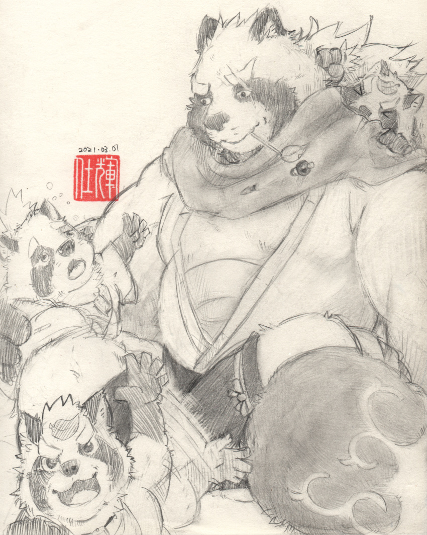 2021 absurd_res anthro canid canine closed_eyes clothed clothing felixleong group gyobu's_underlings gyobu_(tas) hi_res humanoid_hands leaf lifewonders male mammal overweight overweight_male raccoon_dog scar scarf sitting tanuki tokyo_afterschool_summoners traditional_media_(artwork)