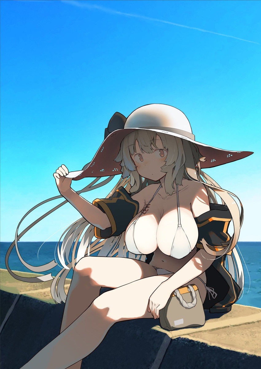 :o bag bikini blush bodypaint bow breasts brown_hair collarbone commentary_request day female fuu_fuu girls'_frontline handbag hanging_breasts hat hat_bow highres jacket large_breasts long_hair m37_(girls'_frontline) m37_(summer_parader)_(girls'_frontline) navel official_alternate_costume orange_eyes outdoors shade side-tie_bikini_bottom sitting sky solo sun_hat swimsuit water white_bikini