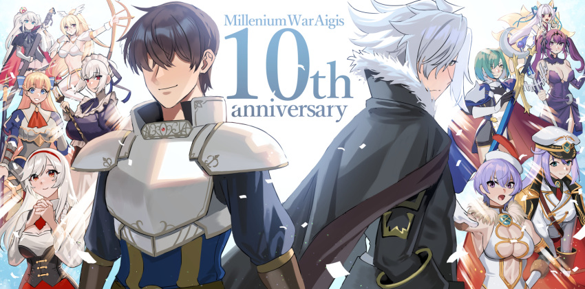 2boys 6+girls :d akagi_kurage animal_ears anna_(sennen_sensou_aigis) anniversary armor armpits ascot back-to-back backlighting black_cape black_ribbon black_shirt blonde_hair blue_eyes blue_ribbon blue_shirt bow bow_(weapon) bra breastplate breasts brown_hair cape cleavage cleavage_cutout clothing_cutout commentary crescent crescent_wand crown diana_(sennen_sensou_aigis) double_fox_shadow_puppet emperor_(sennen_sensou_aigis) fox_ears fox_shadow_puppet frilled_shirt frills fur-trimmed_cape fur_trim green_hair hair_bun hair_intakes hairband hairbow hat hecatie_(sennen_sensou_aigis) highres holding holding_bow_(weapon) holding_polearm holding_sword holding_wand holding_weapon jacket kitsune kyuubi_(sennen_sensou_aigis) large_breasts leona_(sennen_sensou_aigis) leora_(sennen_sensou_aigis) long_hair long_sleeves looking_at_viewer maid maid_headdress military_hat mini_crown mireille_(sennen_sensou_aigis) multiple_boys multiple_girls nanaly_(sennen_sensou_aigis) navel neck_ribbon own_hands_clasped own_hands_together pauldrons polearm ponytail prince_(sennen_sensou_aigis) purple_hair red_ascot red_cape red_eyes red_hairband ribbon sennen_sensou_aigis serra_(sennen_sensou_aigis) sheath sheathed shirt shoulder_armor siblings single_hair_bun sisters smile spiked_hair standing sword sybilla twintails two_side_up underboob_cutout underwear very_long_hair wand weapon white_bra white_hair white_headwear white_jacket white_shirt