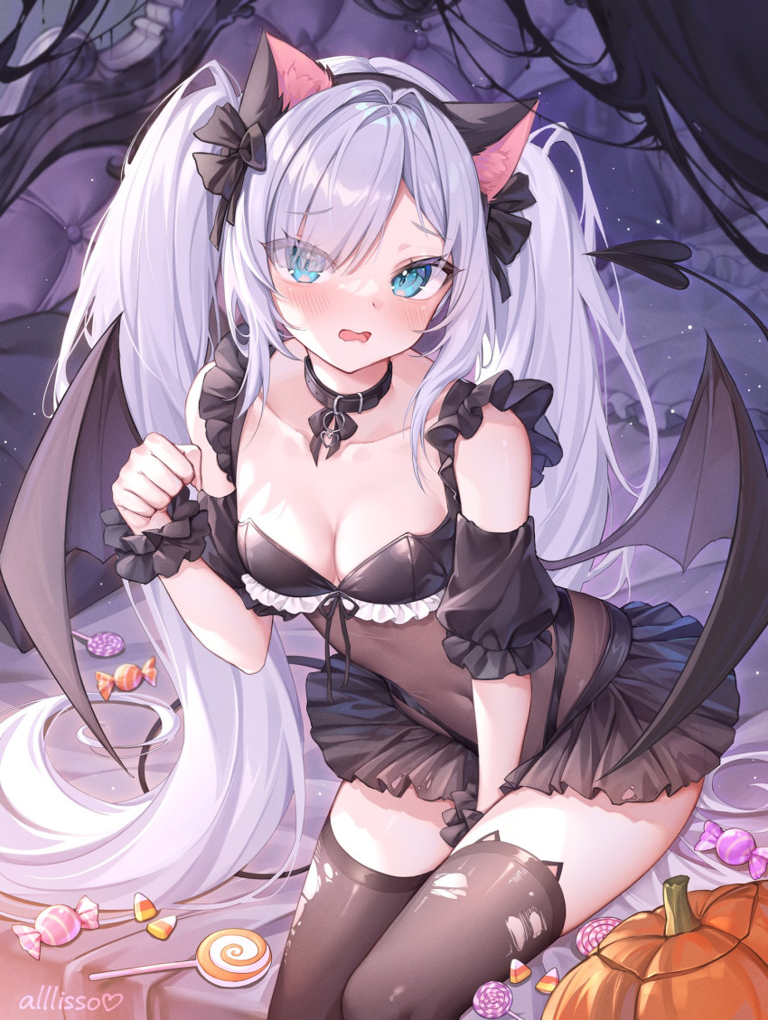 alllisso animal_ears aqua_eyes azur_lane bat_wings between_legs black_collar black_leotard black_skirt black_thighhighs blue_eyes blue_hair blush breasts candy cat_ears cleavage collar covered_navel demon_tail english_commentary fake_animal_ears female food halloween_costume hand_between_legs hand_up highres janus_(azur_lane) janus_(fright-night_scaredy-cat)_(azur_lane) leotard light_blue_hair lollipop long_hair looking_at_viewer official_alternate_costume on_bed open_mouth pillow pleated_skirt pumpkin see-through see-through_leotard signature sitting skirt small_breasts solo swirl_lollipop tail thighhighs torn_clothes torn_thighhighs twintails wavy_mouth wings