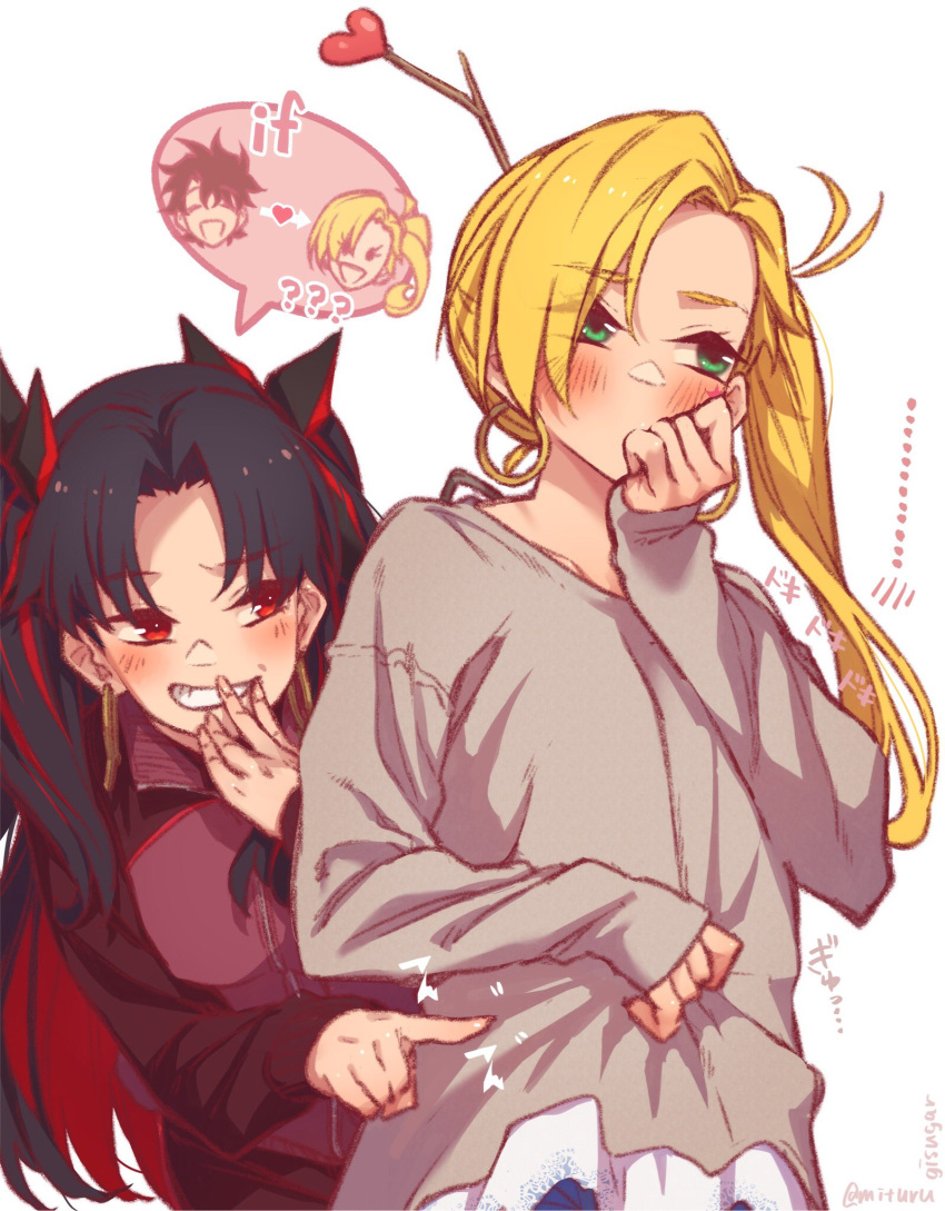 1boy 2girls black_hair black_jacket blonde_hair blush breasts calamity_jane_(fate) earrings fate/grand_order fate_(series) forehead fujimaru_ritsuka_(male) green_eyes grey_shirt grin hair_ribbon highres hoop_earrings ishtar_(fate) jacket jewelry large_breasts long_hair long_sleeves looking_to_the_side mitsurugi_sugar multicolored_hair multiple_girls parted_bangs poking red_eyes red_hair ribbon shirt side_ponytail smile space_ishtar_(fate) speech_bubble translation_request two-tone_hair two_side_up