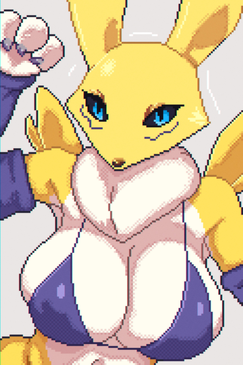 2023 2:3 armwear bandai_namco big_breasts bikini black_eyes black_sclera breasts canid canine claws cleavage clothed clothing digimon digimon_(series) digimon_(species) digital_media_(artwork) female fur hair hi_res mammal multicolored_body multicolored_fur ninesm pixel_(artwork) renamon shaded simple_background skimpy_bikini solo swimwear white_background white_body white_fur yellow_body yellow_fur