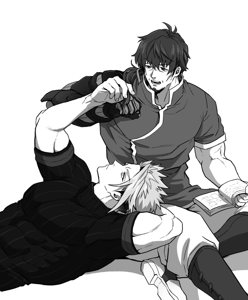 2boys achilles_(fate) bara book boots cheekbones closed_mouth facial_hair fate/grand_order fate_(series) goatee greyscale haruto_(hit23ewluvnpfo6) hector_(fate) highres holding_another's_hair large_pectorals looking_at_another male_focus monochrome multiple_boys muscular muscular_male open_book pants pectorals shirt short_sleeves simple_background sitting teeth white_shirt