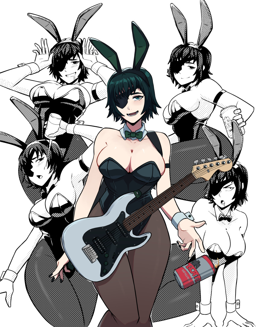 absurdres aneurysm_ax animal_ears armband black_bow black_bowtie black_hair black_leotard black_nails bow bowtie breasts can chainsaw_man cleavage drooling electric_guitar eyepatch fake_tail female fender_stratocaster guitar halftone highres himeno_(chainsaw_man) holding holding_can instrument large_breasts leotard looking_at_viewer open_mouth pantyhose playboy_bunny pouring pouring_onto_self rabbit_ears short_hair simple_background smile solo strapless strapless_leotard tail thighs white_background wrist_cuffs