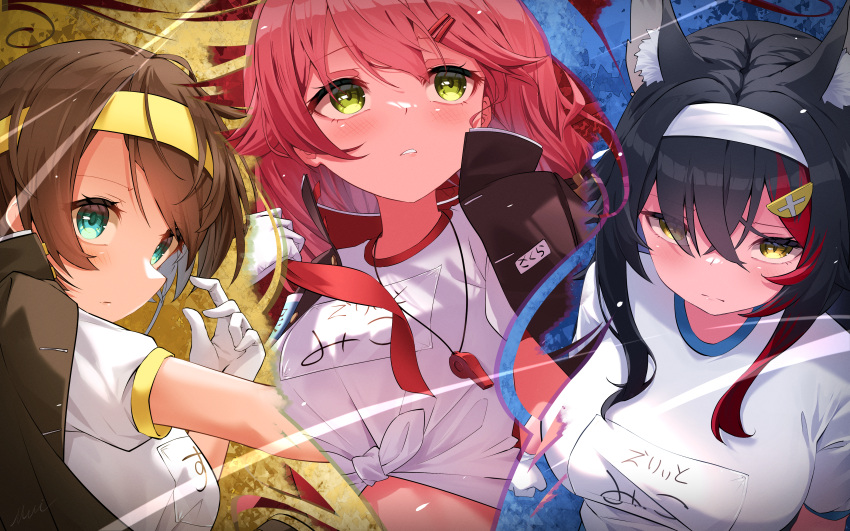 3girls absurdres animal_ear_fluff animal_ears bad_id bad_pixiv_id black_hair black_jacket blush breasts brown_hair closed_mouth commentary gloves green_eyes gym_uniform hair_between_eyes headband highres hololive jacket large_breasts light_frown looking_afar looking_at_viewer looking_up maeru multicolored_hair multiple_girls ookami_mio oozora_subaru open_clothes open_jacket parted_lips red_hair sakura_miko shirt short_hair short_sleeves streaked_hair symbol-only_commentary tied_shirt upper_body virtual_youtuber whistle whistle_around_neck white_gloves white_shirt wolf_ears yellow_eyes yellow_headband