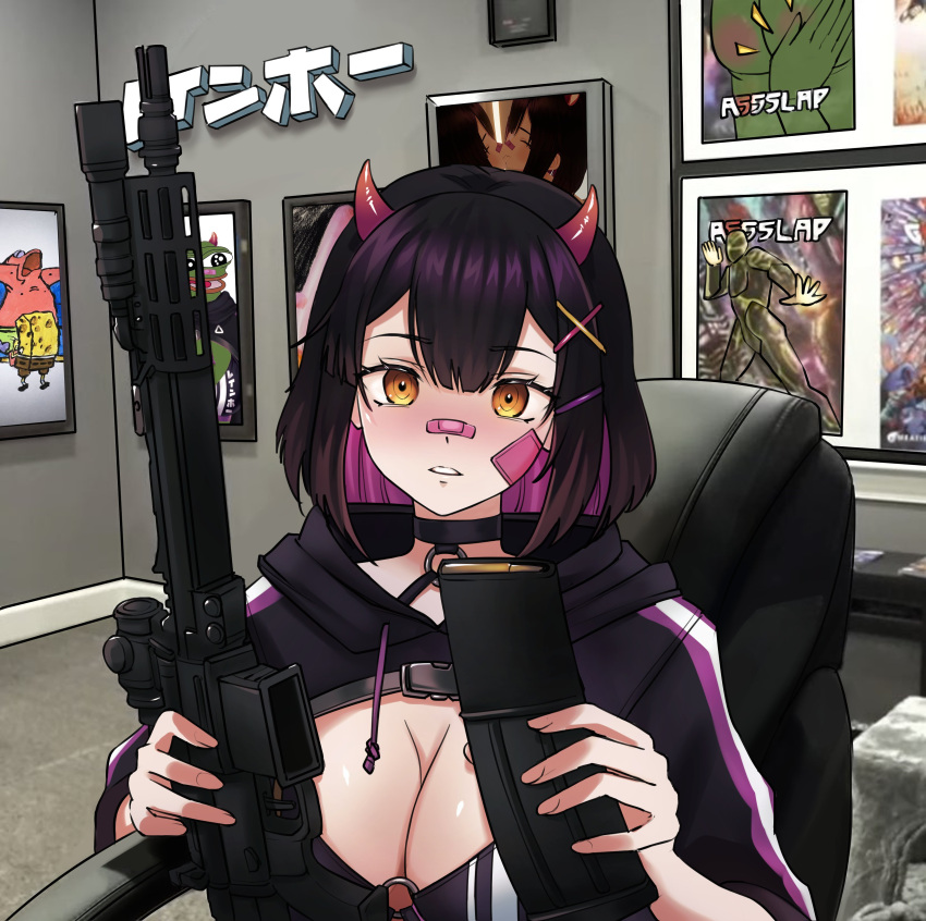 absurdres ar-15 bandaid bandaid_on_cheek bandaid_on_face bandaid_on_nose banefury bikini black_choker black_hair black_hoodie boy's_club breasts chair choker cleavage colored_inner_hair cr1tikal demon_horns female gun hair_ornament highres holding holding_gun holding_magazine_(weapon) holding_weapon hood hood_down hoodie horns indie_virtual_youtuber magazine_(weapon) meme multicolored_hair o-ring o-ring_bikini patrick_star pepe_the_frog pink_hair rainhoe rifle second-party_source sneako_vs_moistcr1tikal_(meme) solo_focus spongebob_squarepants spongebob_squarepants_(series) swimsuit upper_body virtual_youtuber weapon x_hair_ornament yellow_eyes