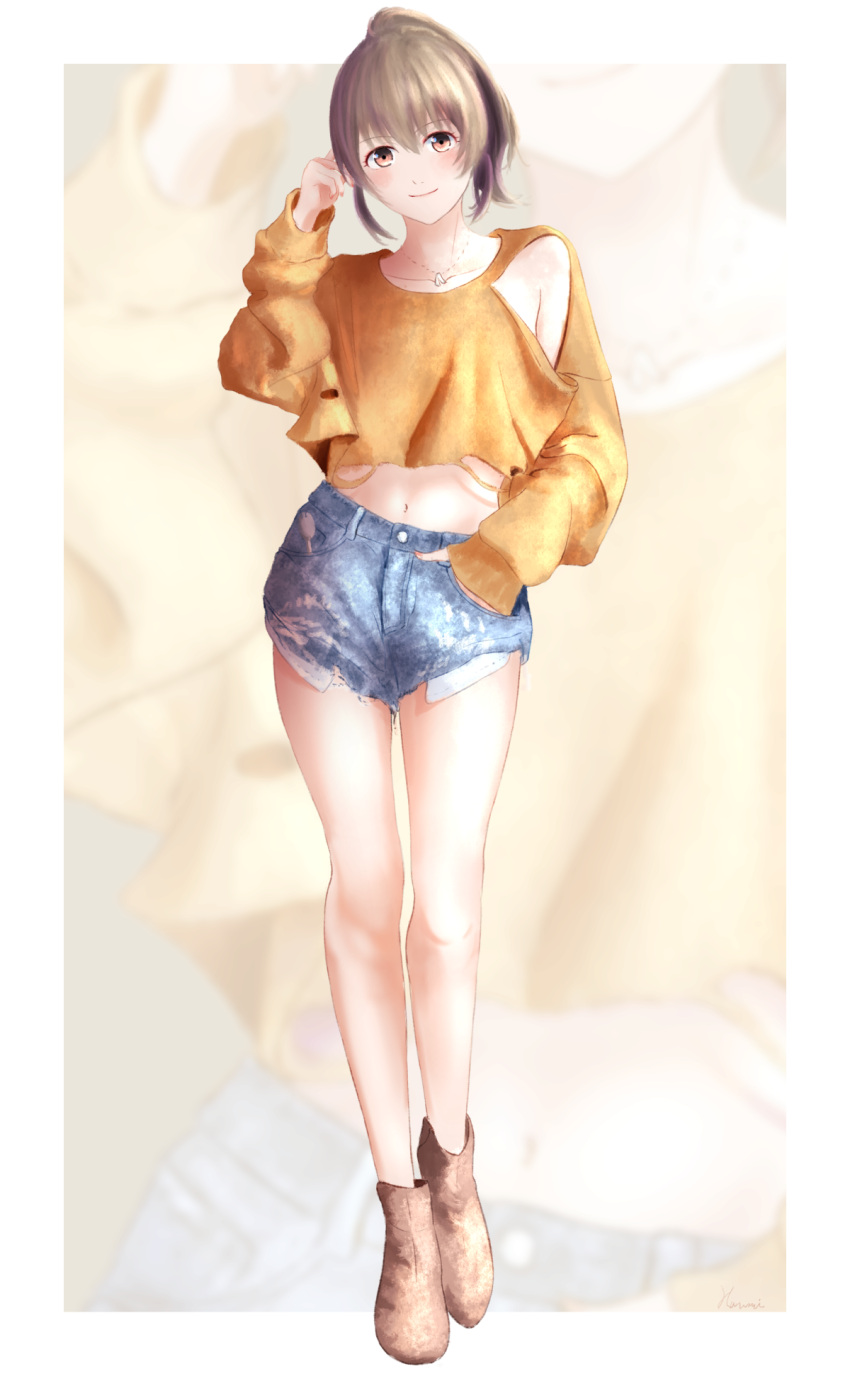 alternate_costume armpit_crease armpit_cutout bare_legs blush brown_hair brown_shirt casual clothing_cutout collarbone cropped_shirt denim denim_shorts female fingernails full_body hand_in_pocket highres hori_yuko idolmaster idolmaster_cinderella_girls light_smile looking_at_viewer midriff nail_polish navel ponytail shibuya_harumi shirt short_shorts shorts solo stomach zoom_layer