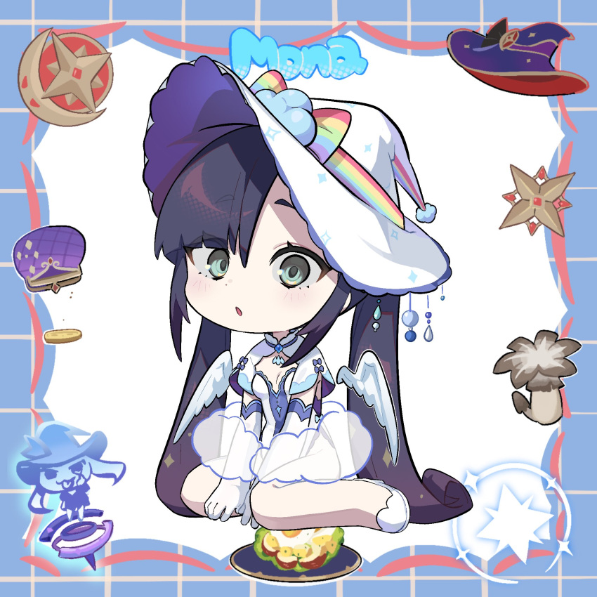 alternate_costume aqua_eyes black_hair blush bow breasts character_name chibi coin coin_purse copyright_name elbow_gloves female food genshin_impact gloves hat highres kekek leotard long_hair looking_at_viewer mona_(genshin_impact) mushroom parted_lips purple_hair rainbow_bow sitting small_breasts solo twintails very_long_hair white_gloves white_wings wings witch_hat