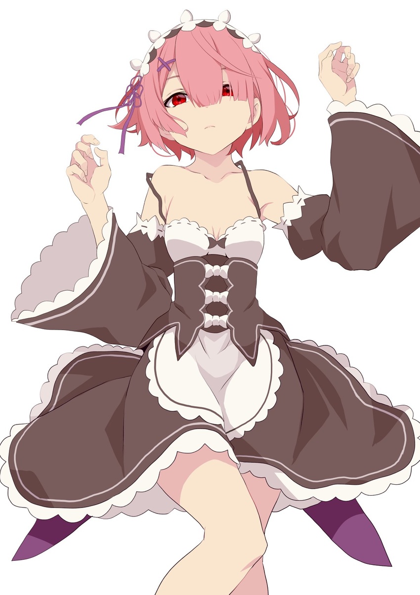 bare_shoulders breasts closed_mouth detached_sleeves female hair_between_eyes hair_ornament hair_ribbon hair_spread_out highres looking_at_viewer lying maid maid_headdress on_back pink_eyes pink_hair pink_ribbon purple_ribbon ram_(re:zero) re:zero_kara_hajimeru_isekai_seikatsu ribbon roswaal_mansion_maid_uniform simple_background small_breasts white_background x_hair_ornament yasehattagi