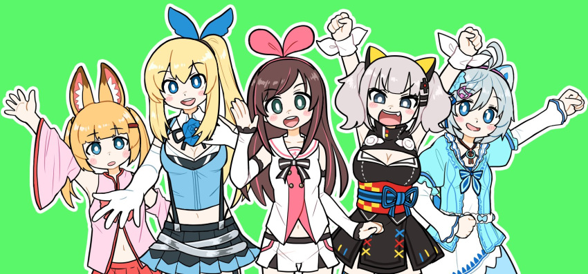 .live 5girls :d animal_ear_fluff animal_ears antenna_hair black_dress black_skirt blonde_hair blue_bow blue_bowtie blue_eyes blue_flower blue_rose blue_shirt blunt_bangs blush bow bowtie breasts bright_pupils brown_hair bseibutsu cat_hair_ornament cleavage cleavage_cutout clenched_hand clenched_hands clothing_cutout commentary_request controller_hair_ornament cowboy_shot dennou_shoujo_siro detached_sleeves dress fist_pump flower fox_ears gloves grey_eyes grey_hair hair_between_eyes hair_ornament hairband hairclip high_side_ponytail highres kaguya_luna kemomimi_oukoku_kokuei_housou kizuna_ai kizuna_ai_inc. large_breasts long_hair long_sleeves looking_at_viewer medium_breasts mikoko_(kemomimi_oukoku_kokuei_housou) miniskirt mirai_akari mirai_akari_project multicolored_hair multiple_girls obi open_mouth pink_hair pink_hairband pink_shirt pink_sleeves reaching reaching_towards_viewer red_sash rose round_teeth sailor_collar sash shirt short_hair simple_background skirt sleeveless sleeveless_dress sleeveless_shirt small_breasts smile streaked_hair suspender_skirt suspenders teeth the_moon_studio twintails upper_teeth_only virtual_youtuber virtual_youtuber_shiten'nou white_dress white_gloves white_pupils white_sailor_collar white_shirt white_skirt white_sleeves wide_sleeves wristband