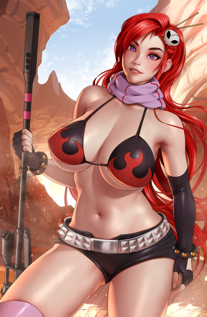 absurdres bearwitch bikini black_bikini black_gloves black_shorts black_sleeves breasts commission female fingerless_gloves gloves hair_ornament highres holding holding_polearm holding_weapon large_breasts long_hair navel polearm purple_eyes red_hair scarf shorts single_thighhigh skull_hair_ornament solo stomach swimsuit tengen_toppa_gurren_lagann thighhighs weapon yoko_littner