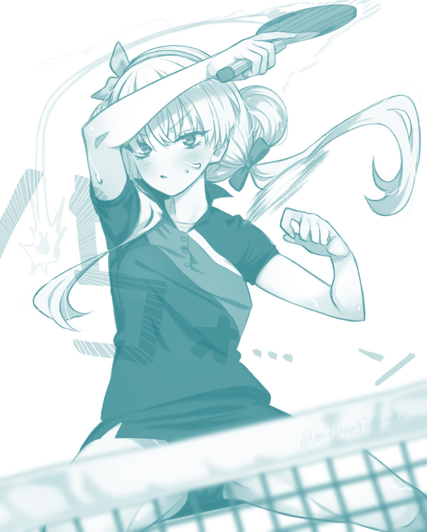 anastasia_(fate) aqua_theme blush breasts fate/grand_order fate_(series) female hair_over_one_eye hairband highres large_breasts long_hair looking_at_viewer mitsurugi_sugar monochrome paddle pencil_skirt shirt short_sleeves skirt solo table_tennis table_tennis_net table_tennis_paddle thighs translation_request twintails