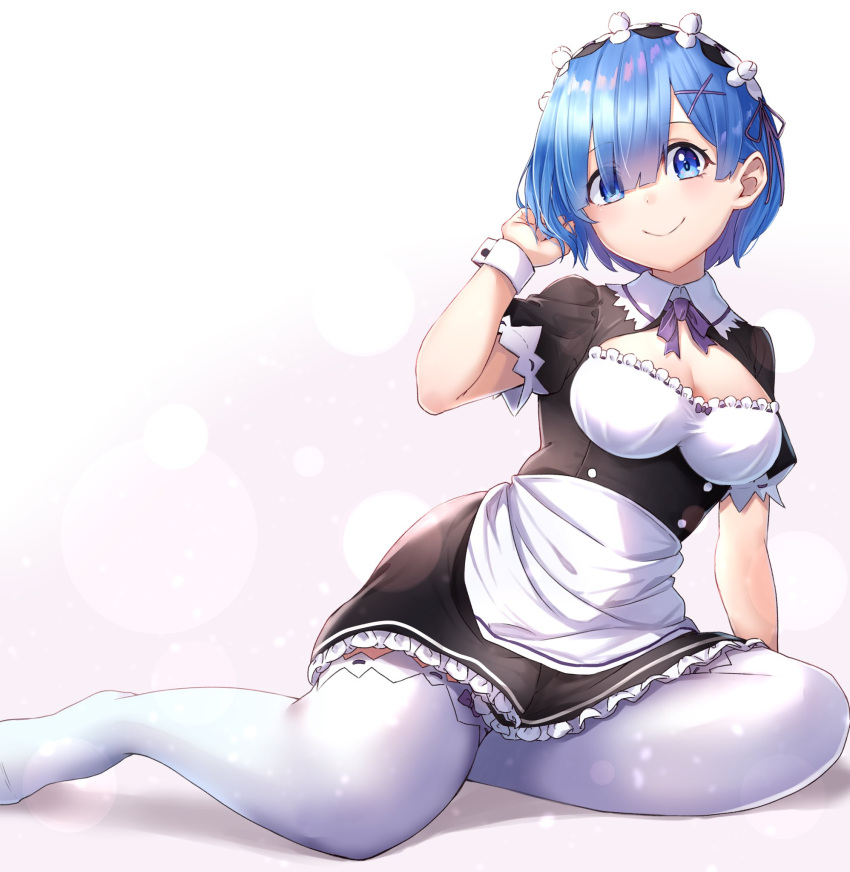 blue_eyes blue_hair breasts commentary_request eyes_visible_through_hair female frilled_sleeves frills hair_ornament hair_ribbon hand_in_own_hair highres looking_at_viewer m.tokotsu maid maid_headdress purple_ribbon re:zero_kara_hajimeru_isekai_seikatsu rem_(re:zero) ribbon ribbon-trimmed_clothes ribbon_trim roswaal_mansion_maid_uniform short_hair simple_background smile solo white_background x_hair_ornament