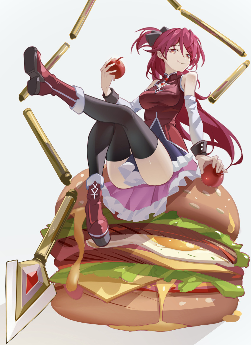 absurdres apple bad_id bad_pixiv_id black_ribbon black_thighhighs boots breasts burger clothes_between_thighs female food fruit full_body hair_ribbon high_ponytail highres holding holding_food holding_fruit leg_up long_hair looking_at_viewer luai magical_girl mahou_shoujo_madoka_magica mahou_shoujo_madoka_magica_(anime) medium_breasts oversized_food oversized_object pocky polearm raised_eyebrows red_apple red_eyes red_footwear red_hair ribbon sakura_kyoko sakura_kyoko_(magical_girl) shiny_skin shoe_soles sitting_on_food smile smug solo thigh_gap thighhighs very_long_hair weapon white_background