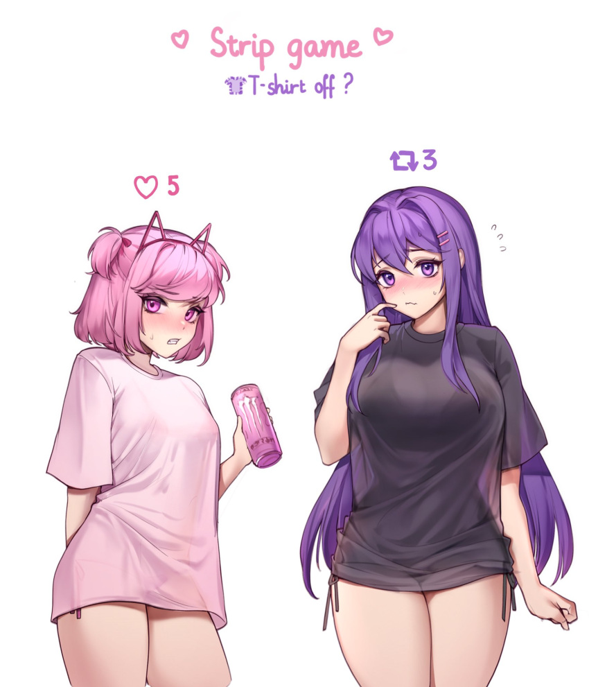 2girls black_shirt blush clenched_teeth closed_mouth commentary doki_doki_literature_club english_commentary hair_ornament hairclip highres long_hair meme monster_energy multiple_girls natsuki_(doki_doki_literature_club) parted_lips pink_eyes pink_hair potetos7 purple_eyes purple_hair shirt short_hair teeth twitter_strip_game_(meme) white_shirt yuri_(doki_doki_literature_club)