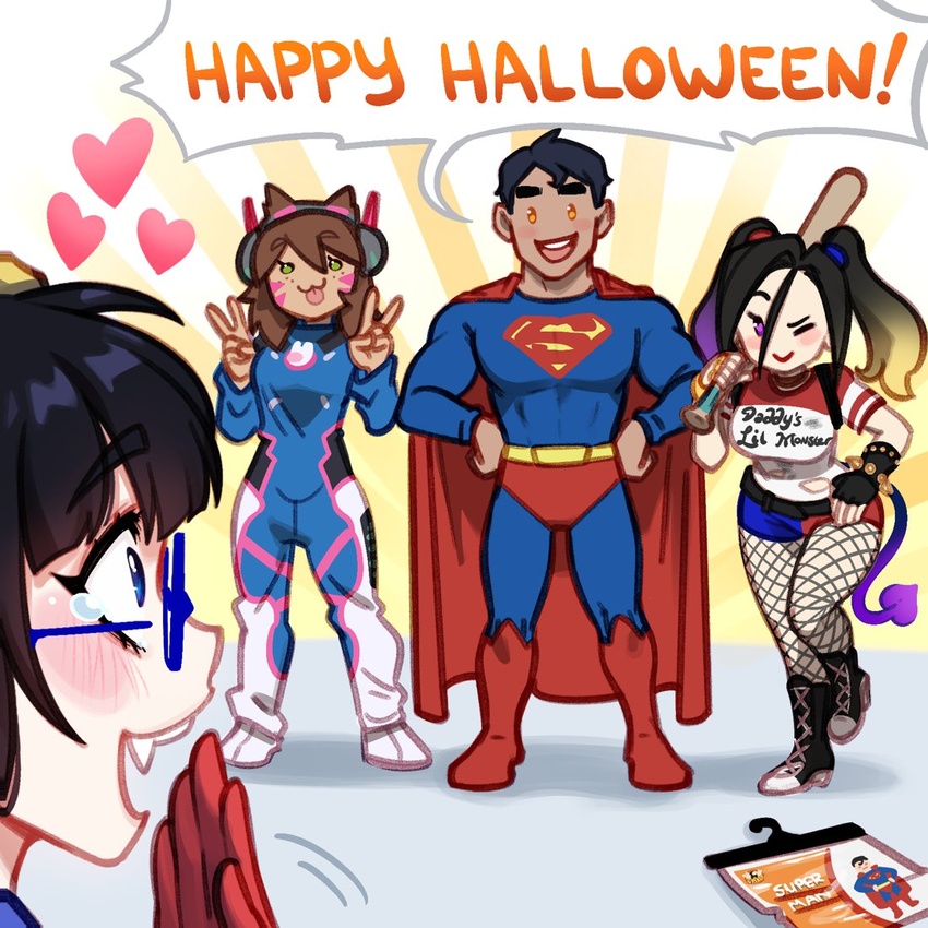 1boy 3girls :d :p ;) baseball_bat batman_(series) black_footwear black_gloves black_hair blue-framed_eyewear blue_bodysuit blue_shorts blushyspicy bodysuit breasts brown_hair cape cosplay d.va_(overwatch) d.va_(overwatch)_(cosplay) dc_comics demon_girl demon_tail double_v english_text facial_mark fingerless_gloves fishnet_pantyhose fishnets full_body glasses gloves green_eyes hands_on_own_hips happy_halloween harley_quinn harley_quinn_(cosplay) headphones heart large_breasts long_hair long_sleeves looking_at_another looking_at_viewer medium_breasts multicolored_hair multiple_girls oerba_yun_fang office_workers_(blushyspicy) one_eye_closed orange_background overwatch pantyhose pilot_suit pink_hair red_cape red_footwear red_gloves red_shirt red_shorts semi-rimless_eyewear shirt short_hair short_sleeves shorts smile standing succubus_hr superman superman_(cosplay) superman_(series) tail teeth tongue tongue_out two-tone_shorts upper_teeth_only v vivian_seong_(blushyspicy) whisker_markings white_background white_shirt