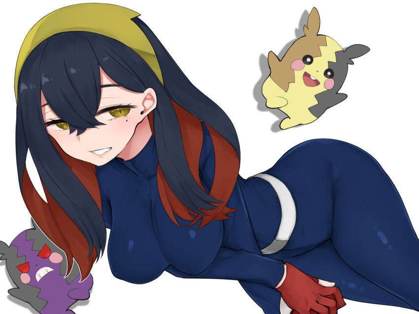 black_hair blue_jacket blue_pants breasts carmine_(pokemon) crossed_bangs female gloves hair_between_eyes highres jacket large_breasts long_hair mole mole_under_eye morpeko morpeko_(full) morpeko_(hangry) multicolored_hair pants partially_fingerless_gloves pokemon pokemon_(creature) pokemon_sv red_gloves red_hair rocha_(aloha_ro_cha) smile teeth two-tone_hair white_background yellow_eyes yellow_headwear