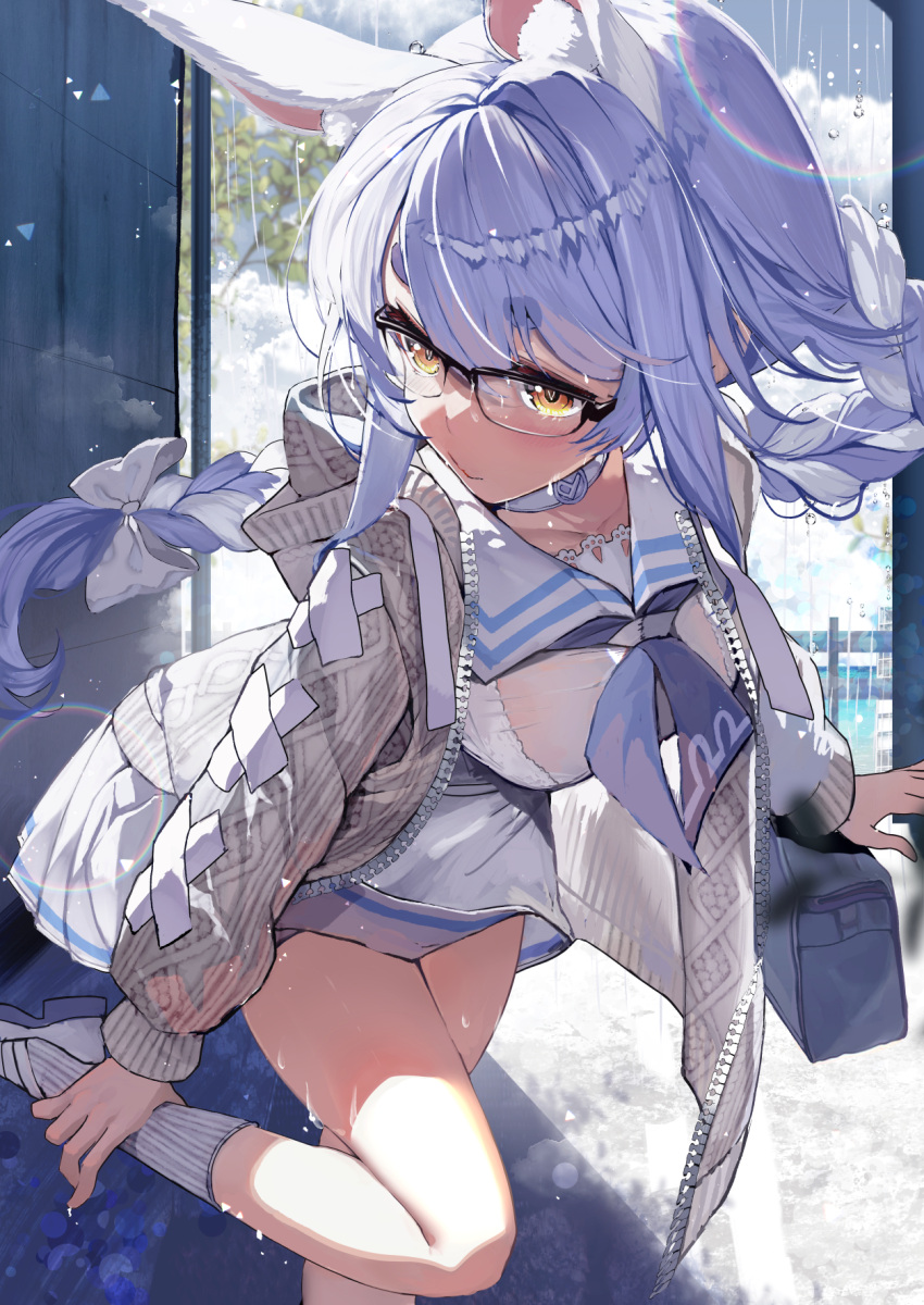 animal_ears braid breasts female glasses hair_ribbon haruhina_purple highres hololive hood hoodie long_hair neckerchief official_alternate_costume rabbit_ears rabbit_girl rain ribbon see-through small_breasts socks solo striped_clothes striped_socks usada_pekora usada_pekora_(casual) virtual_youtuber wet wet_clothes